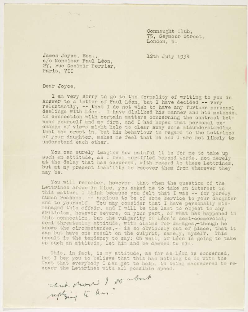 Letter : from J. Holroyd-Reece, Connaught Club, London to James Joyce,