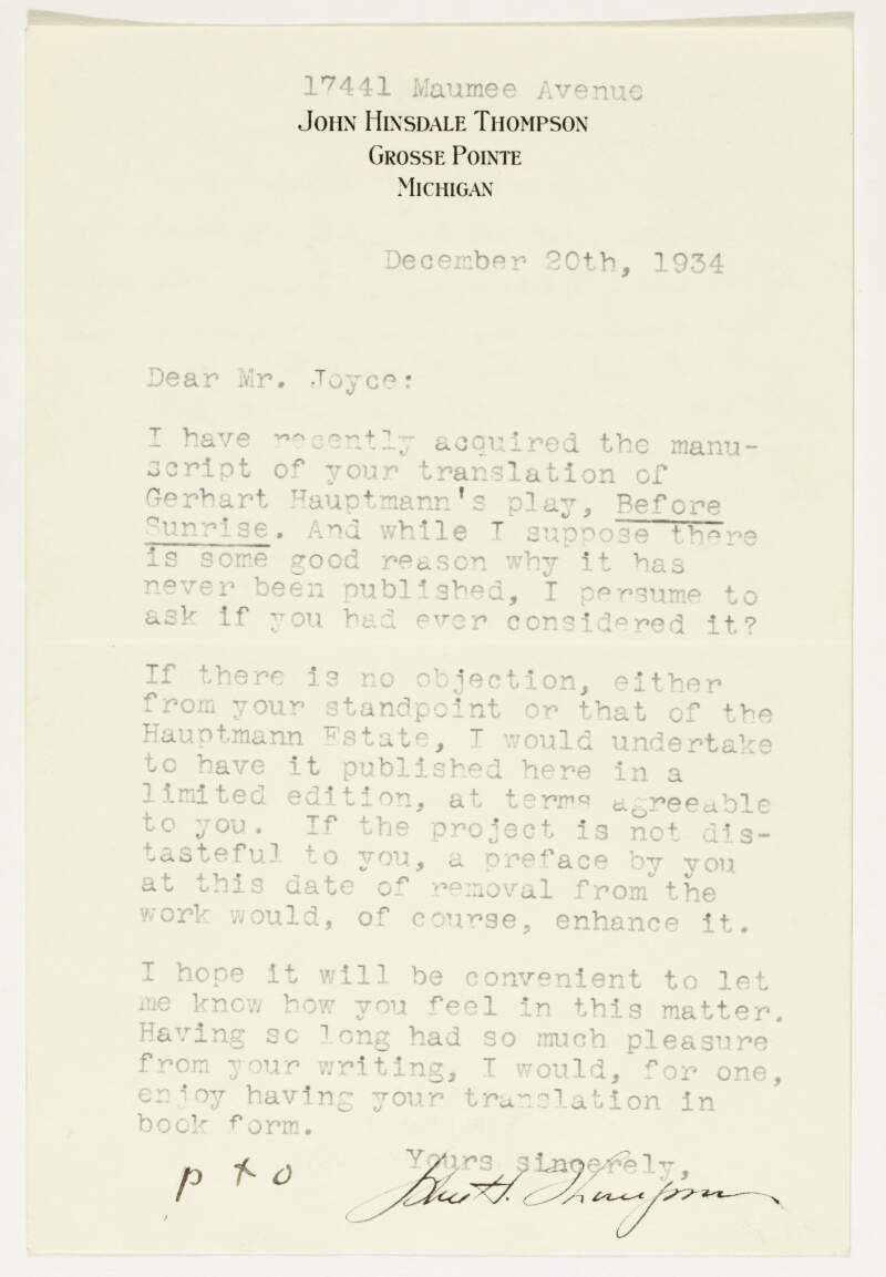 Letter : from John Hinsdale Thompson, Grosse Pointe, Michigan to James Joyce,