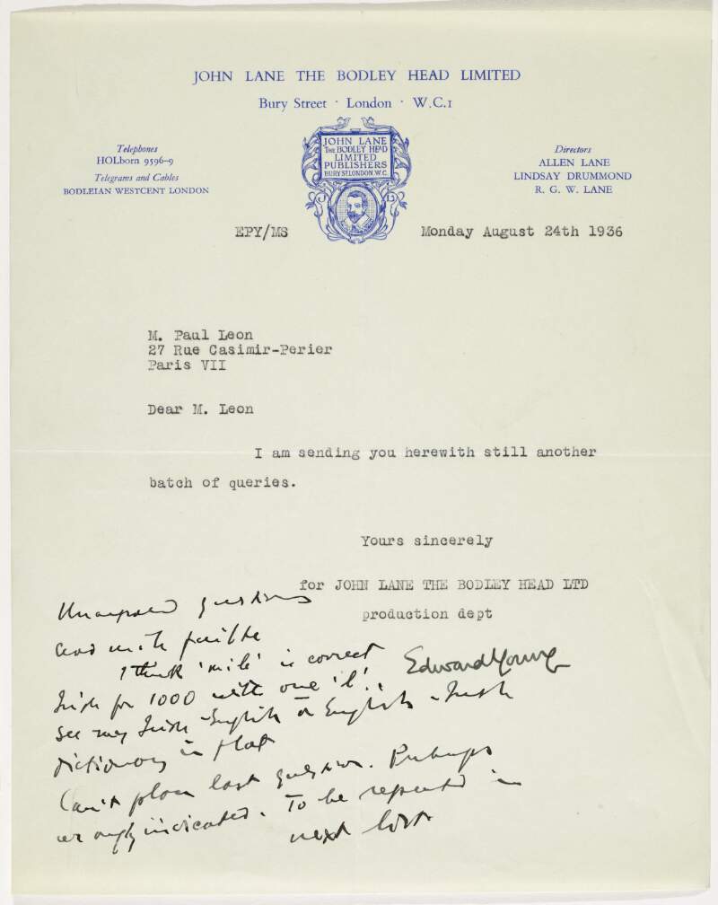 Letter : from Edward Young to Paul Léon,