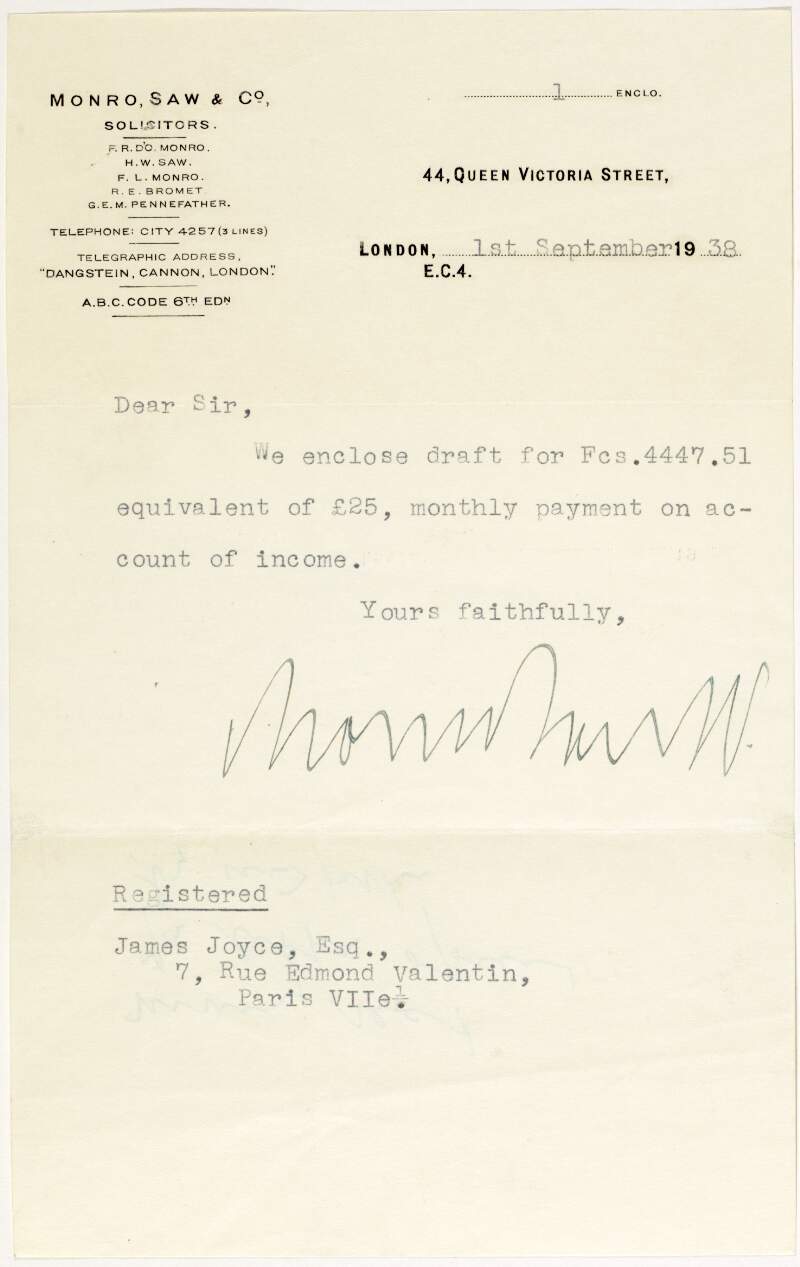 Letter : from Monro Saw & Co to James Joyce,