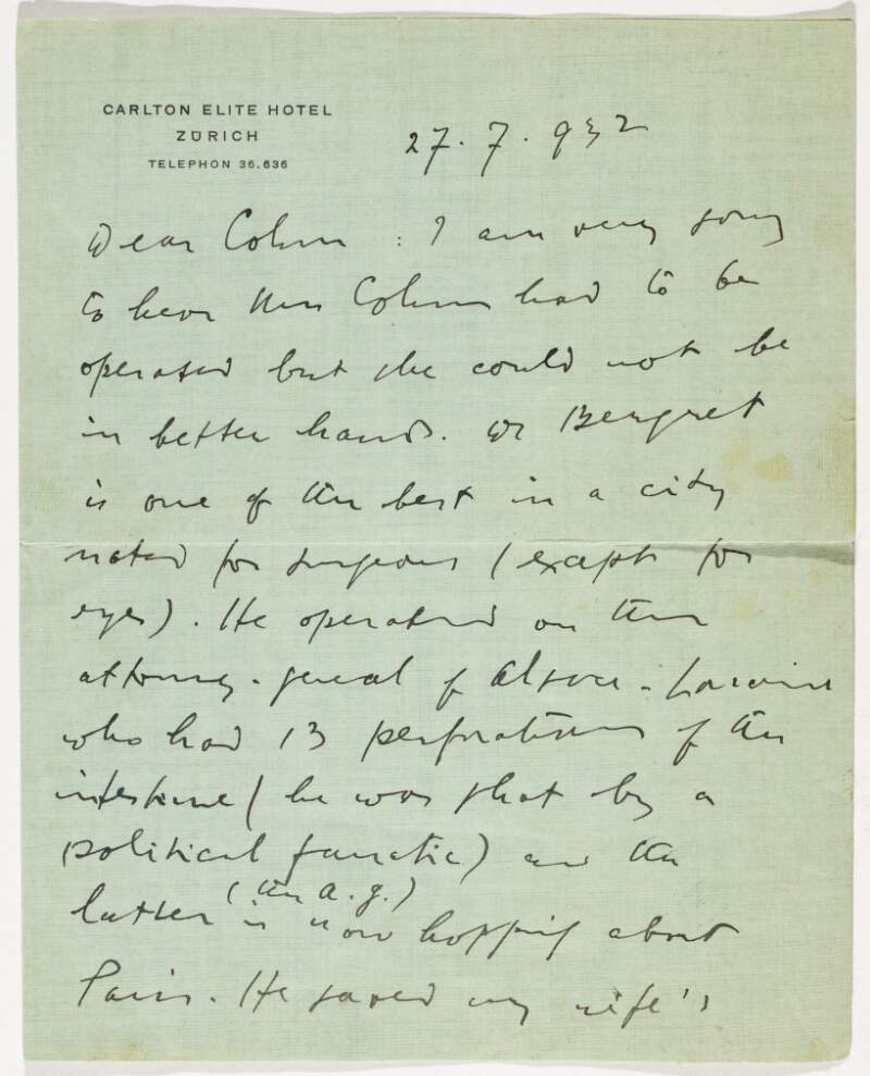 Letter : from James Joyce, Carlton Elite Hotel, Zurich to Padraic Colum,