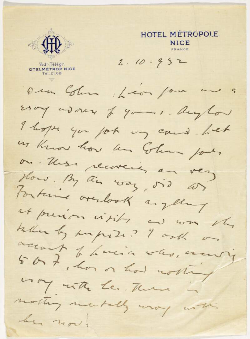 Letter : from James Joyce, Hotel Métropole, Nice to Padraic Colum,