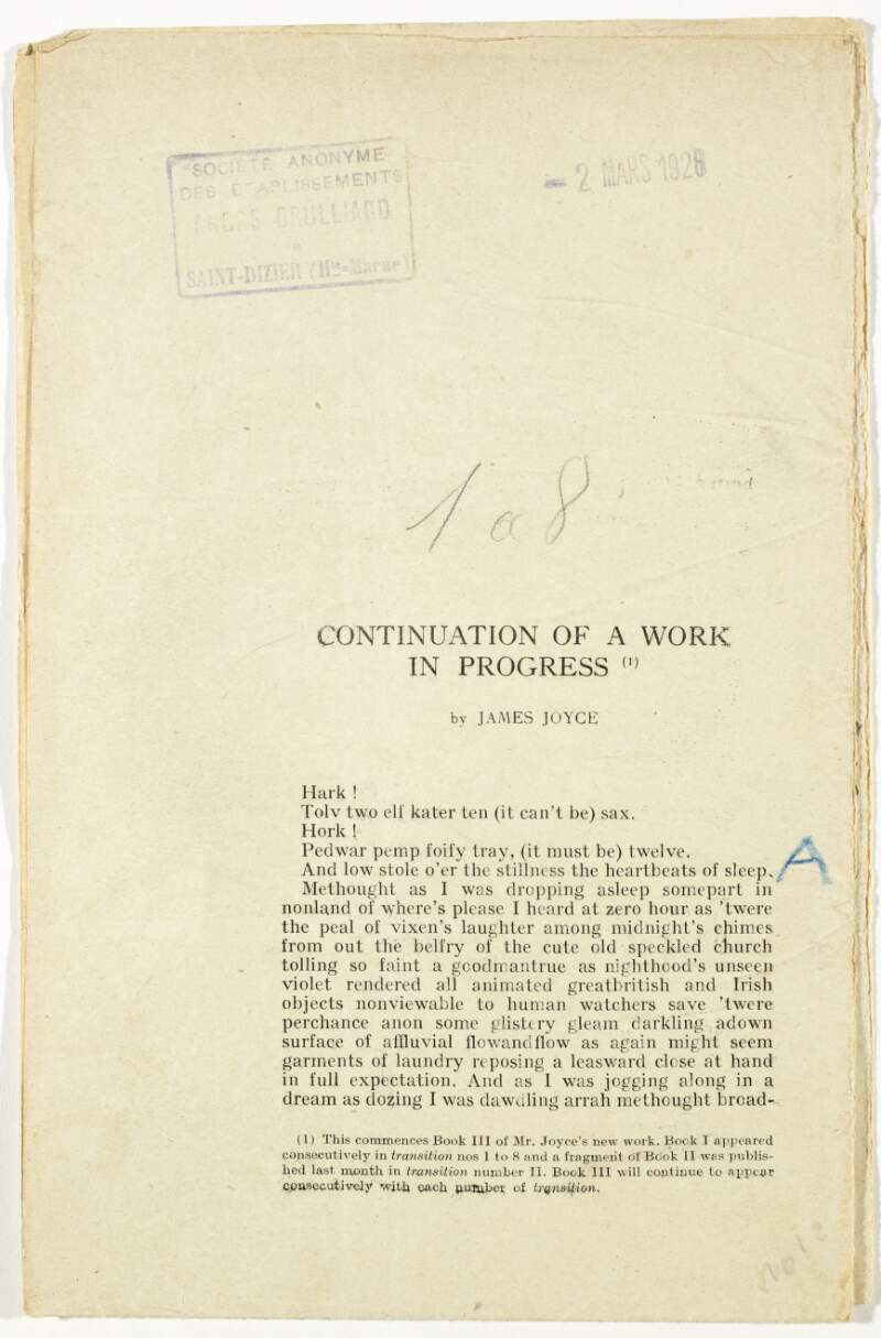 III.i.1.a.9. Galley proof : for part of Book III, Episode I of "Work in Progress",