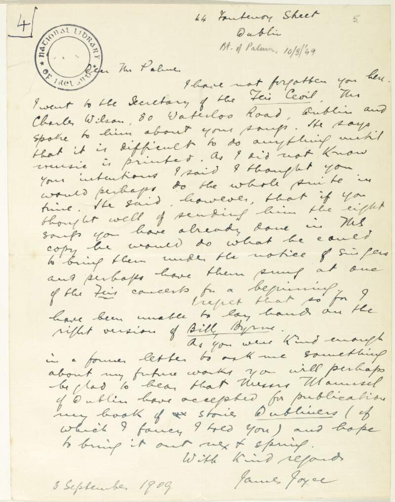 Letter : from James Joyce, 44 Fontenoy Street, Dublin to Geoffrey M. Palmer,