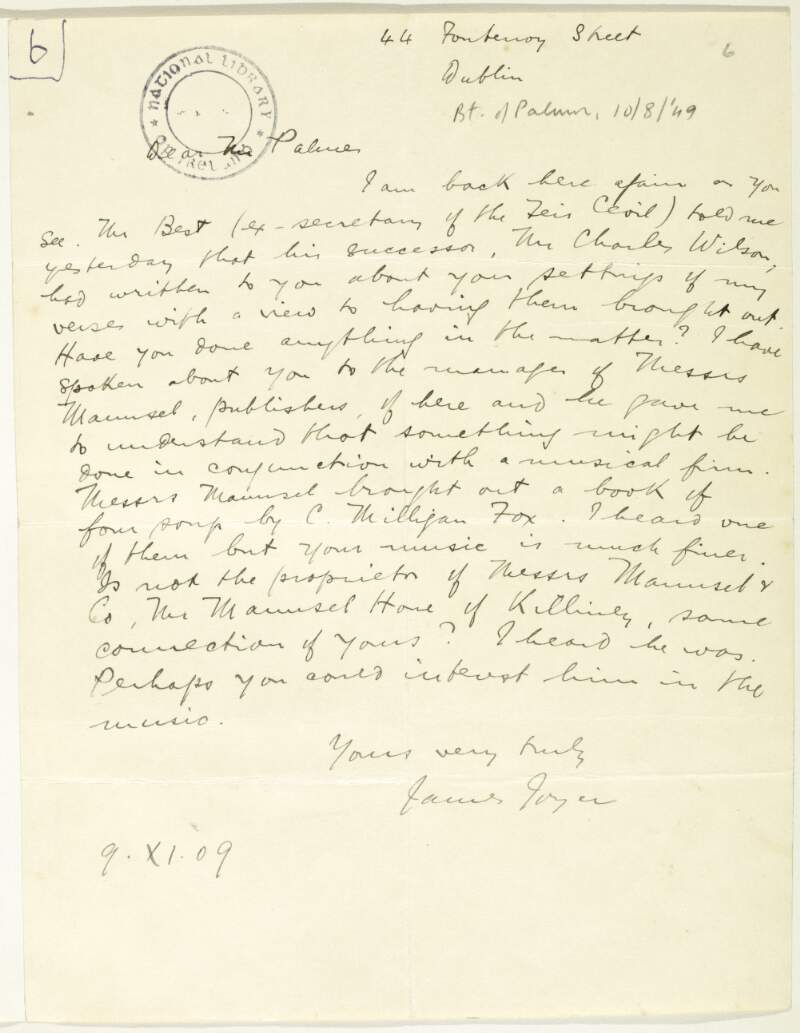 Letter : from James Joyce, 44 Fontenoy Street, Dublin to Geoffrey M. Palmer,