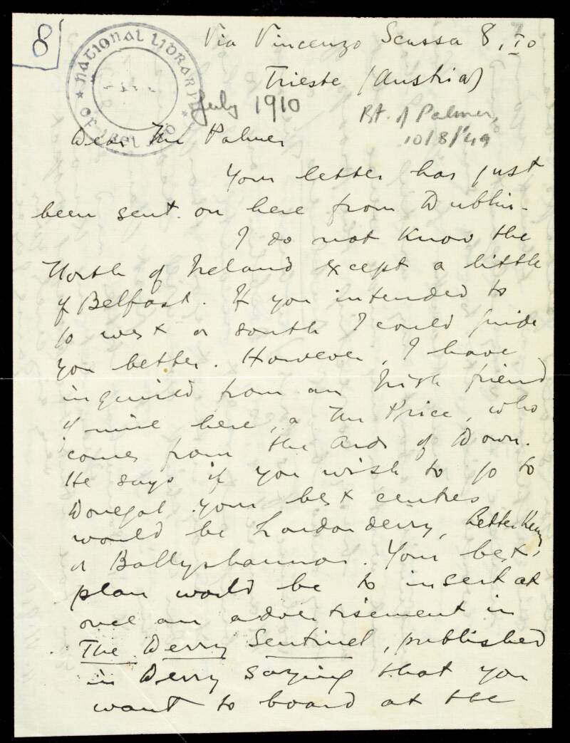 Letter : from James Joyce, Via Vincenzo Scussa 8, Trieste, Austria to Geoffrey M. Palmer,
