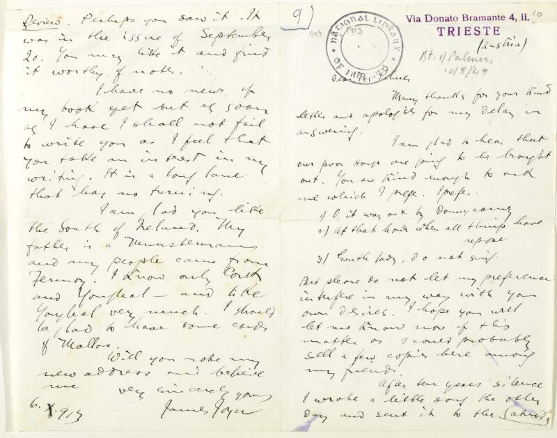 Letter : from James Joyce, Via Donato Bramante 4, Trieste to Geoffrey M. Palmer,