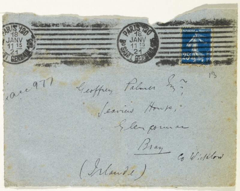 Envelope : addressed to Geoffrey Palmer, Esq., Seaview House, Glengorman, Bray, Co. Wicklow,