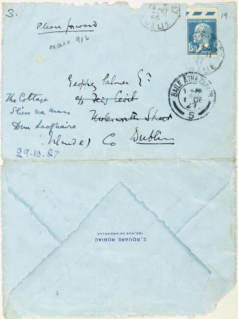 Envelope : addressed to Geoffrey Palmer, Esq., c/o Feis Ceoil, Molesworth Street, Dublin,