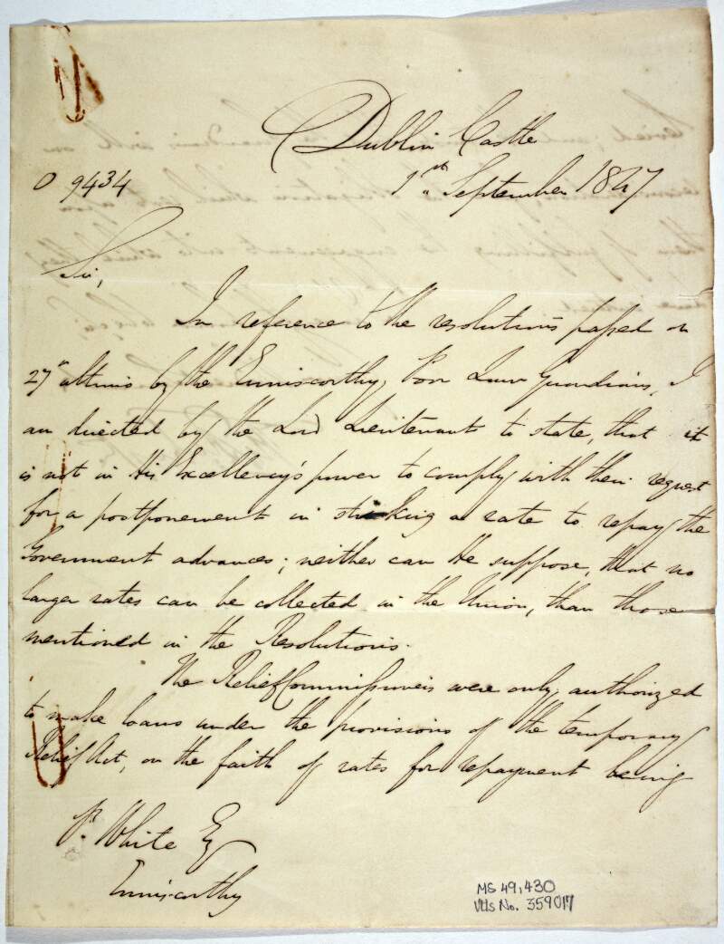 A manuscript letter from Dublin Castle to the Enniscorthy Guardians [addressed to a Mr. White Esq., Enniscorthy]; denying a "delay in striking a rate to repay the Government advances" ;