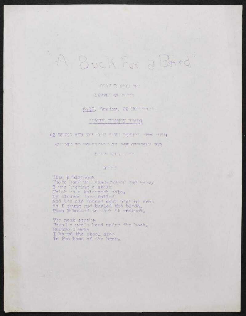 V.ii.3. Advertisement for the 'Buck for a Bard' reading at Beaver College, Pennsylvania,