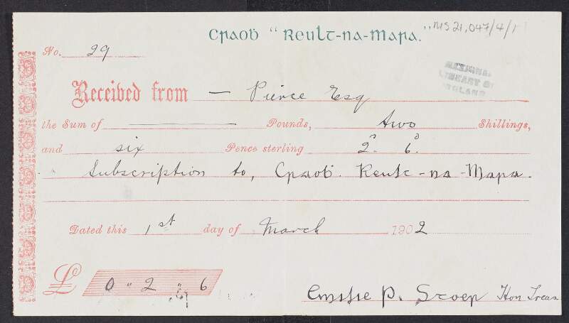 Receipt for Patrick Pearse's subscription to the 'Realt-na-Mara' Branch of the Gaelic League,
