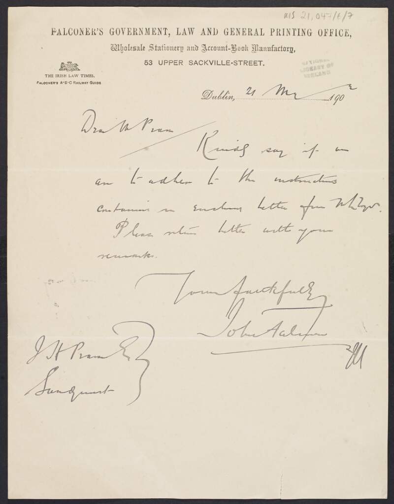 Letter from John Falconer, printer and publisher, to Patrick Pearse asking whether or not he should adhere to Joseph Henry Lloyd's instructions regarding Lloyd's 'Clairseach na nGeadheal, Part II',
