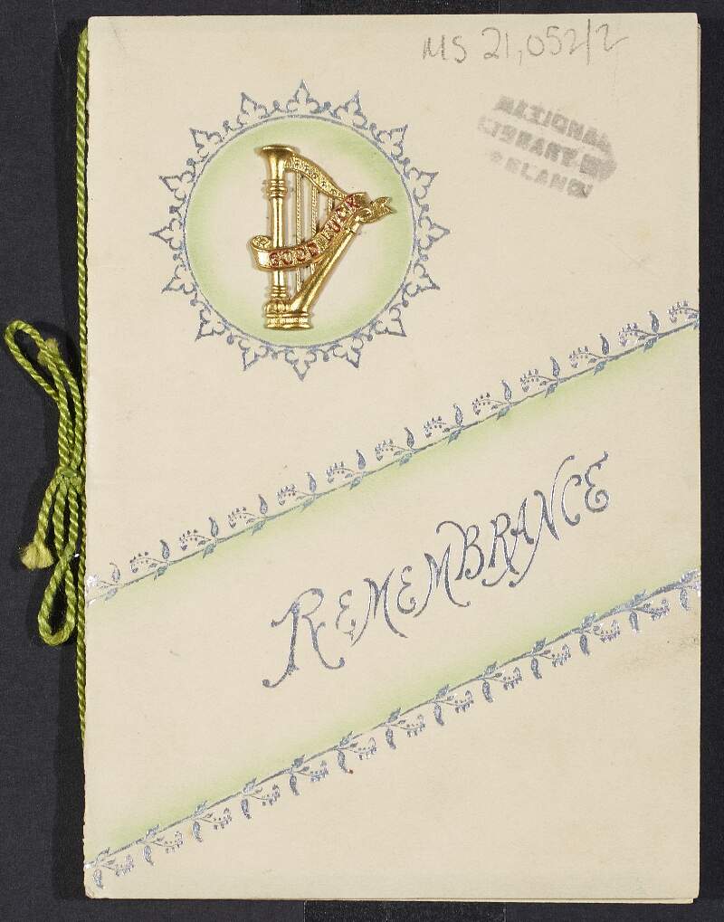 Christmas card from Seán T. O Ceallaigh to Padraic Pearse with a raised gold harp,