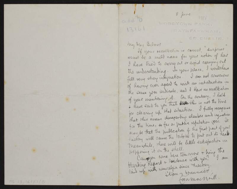 Letter from Eoin Mac Neill to Bulmer Hobson, denying he ever agreed to write an introduction [to the former's book on the 1916 Rising],