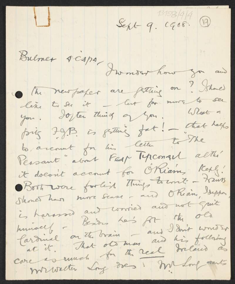 Letter from Roger Casement to Bulmer Hobson with references to Sinn Féin, Robert Lynd, the Olympic Games 1908, and the political situation in Egypt and Turkey,