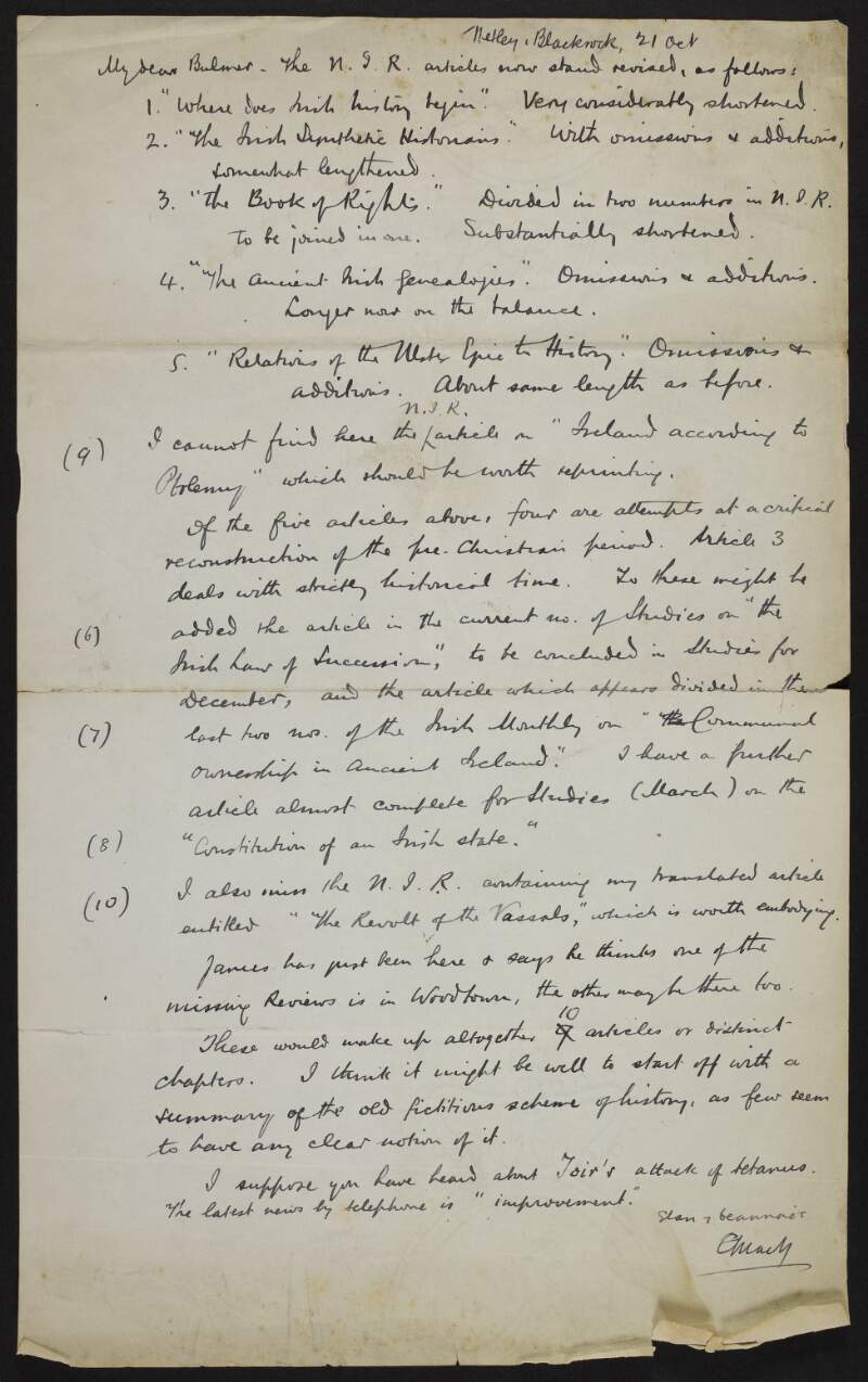 Letter from Eoin MacNeill to Bulmer Hobson about texts and articles on ancient Irish history,