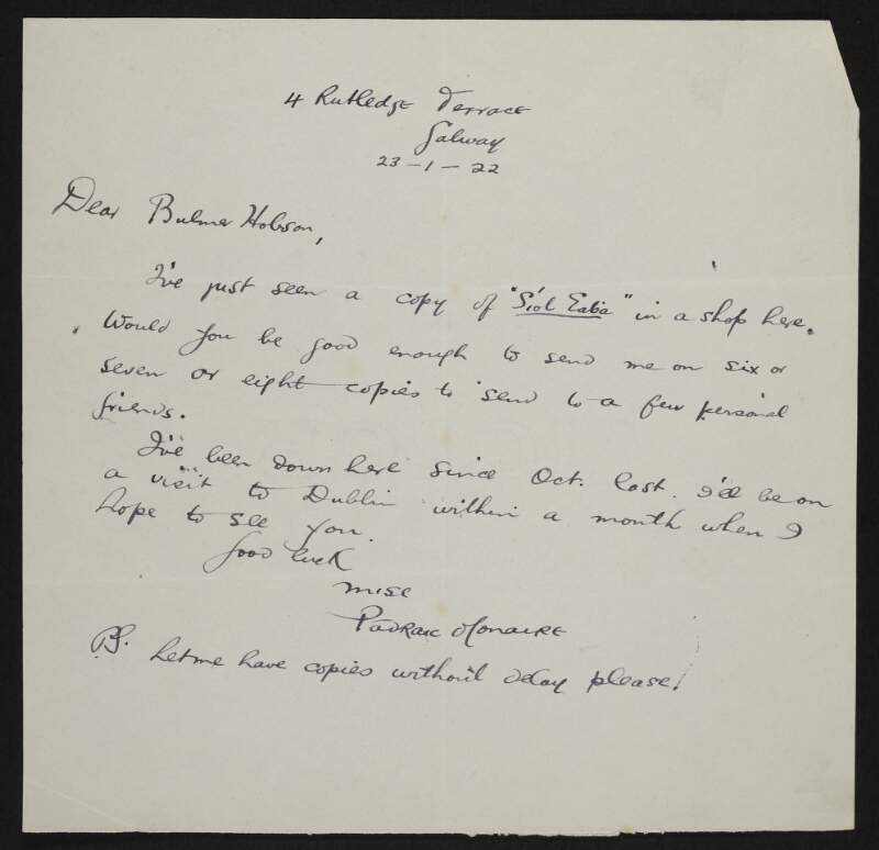 Letter from Pádraic Ó Conaire to Bulmer Hobson requesting copies of his book 'Siol Éabha',