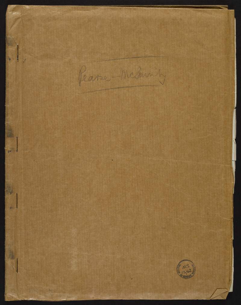 Bound copy of a collection of letters from Patrick Pearse to Joseph McGarrity on a variety of topics including St Enda's school, his fundraising in the United States, the Howth gun-running, and developments in the republican movement in Ireland, 1914-1915,