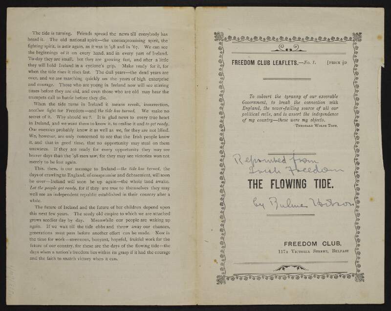 Freedom Club leaflet entitled 'The Flowing Tide', signed by Bulmer Hobson,