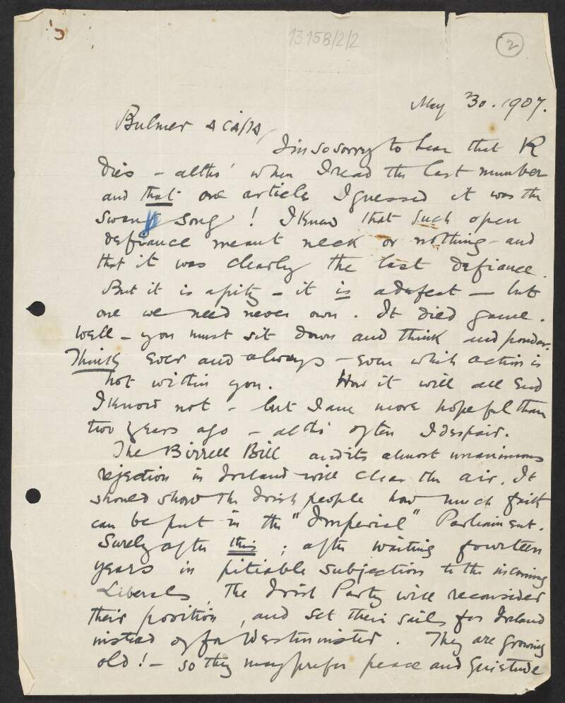 Letter from Roger Casement to Bulmer Hobson regarding the Birrell Land Act, John Redmond, and the differing political views of the Irish Parliamentary Party and Sinn Féin,