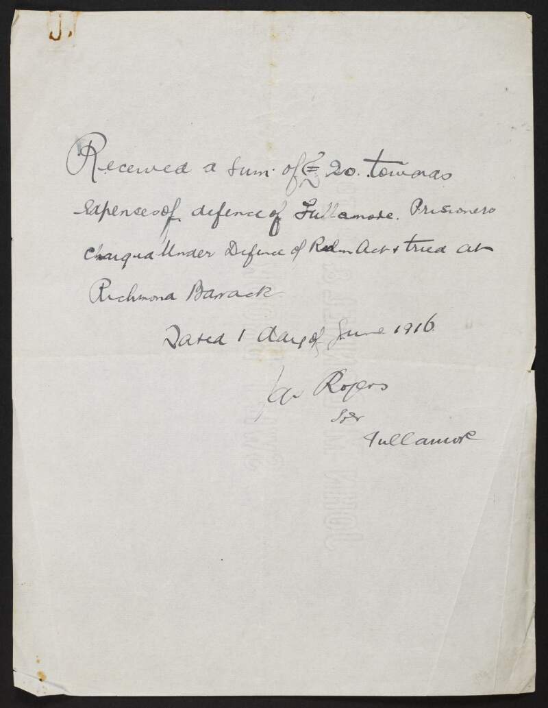 Two manuscript receipts for financial donations made by James Rogers from Tullamore, Co. Offaly, to the Irish Volunteers,