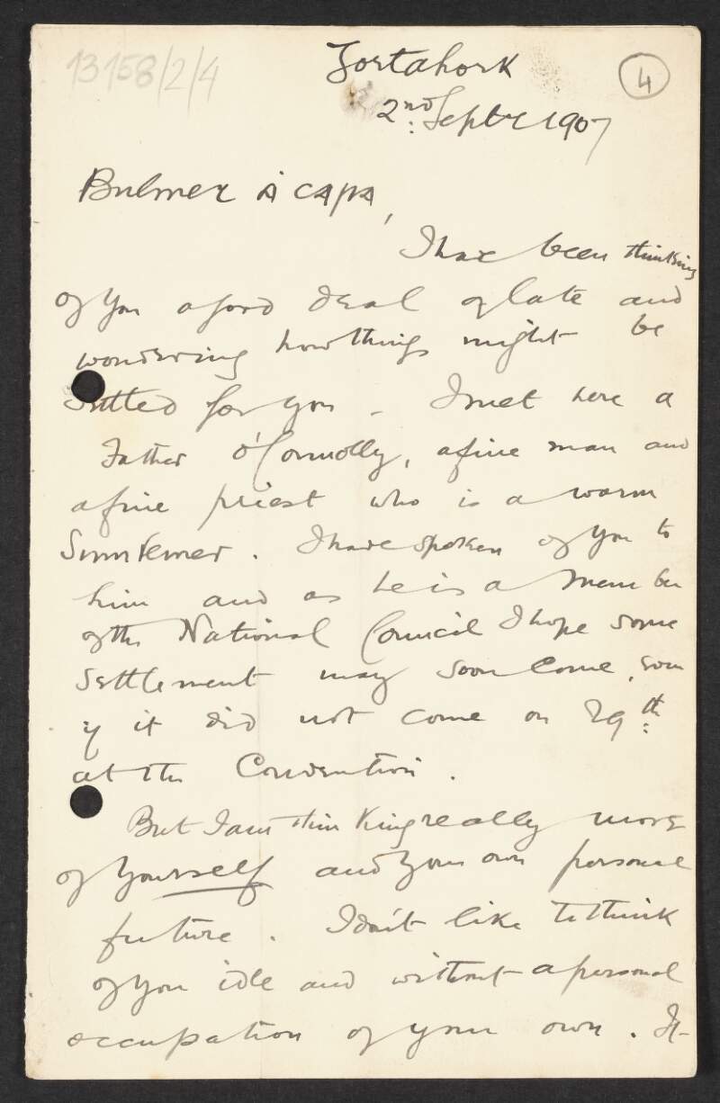 Letter from Roger Casement to Bulmer Hobson regarding the National Council, Sinn Féin and the Irish language in County Donegal, with refernce to 'Uladh', Agnes O'Farrelly and Eoin Mac Neill,