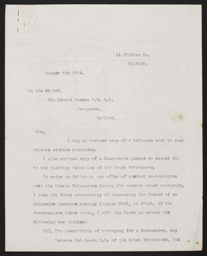 Copy of a letter from Eoin MacNeill to Edward Carson on behalf of the Irish Volunteers Executive, regarding co-operation between the Irish Volunteers and the Ulster Volunteer Force, with copy of a resolution regarding same,