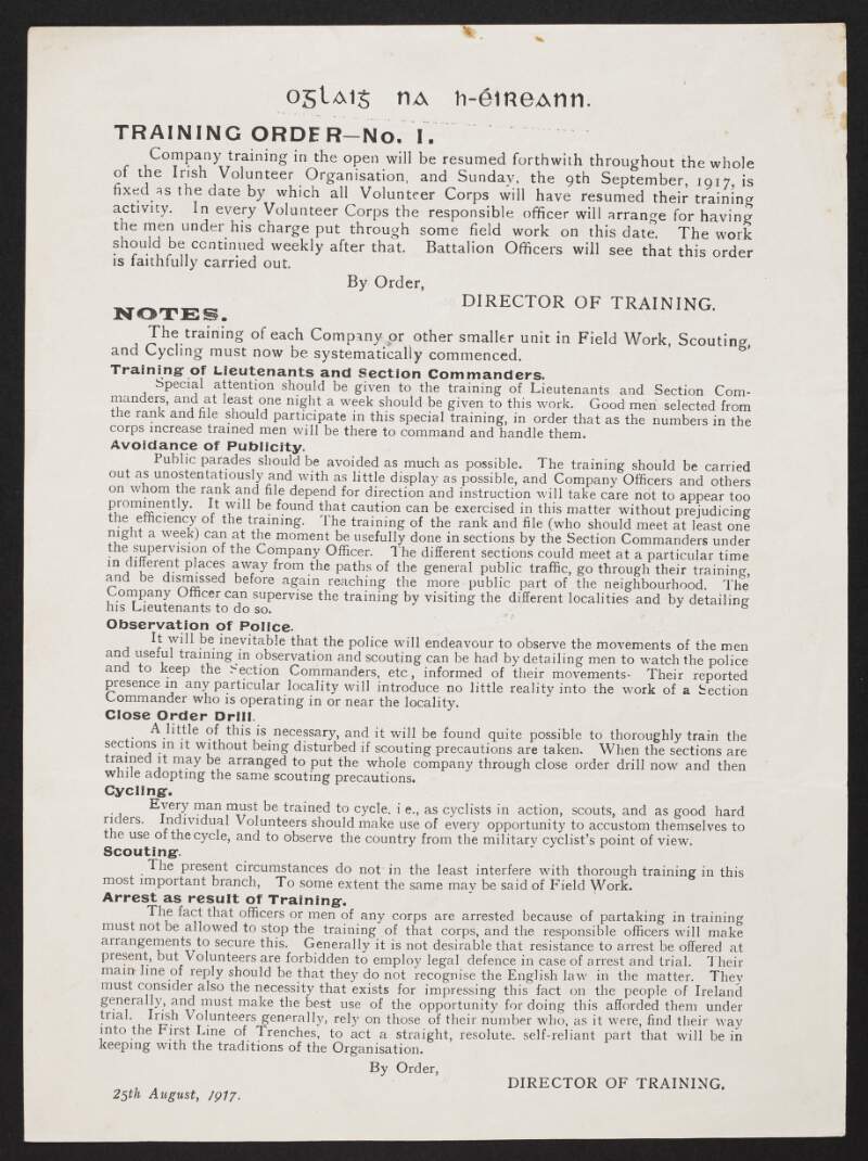 'Training Order - No. 1' for the Irish Volunteers from the Director of Training [Dick McKee], including instructions regarding the avoidance of publicity, the observation of police, and arrests as a result of training,