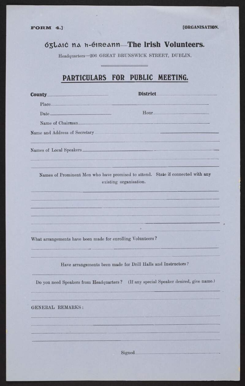 'Particulars for Public Meeting', form by the Irish Volunteers for the location of meetings, speakers, and arrangements for enrolling new members, with underlined spaces for answers,