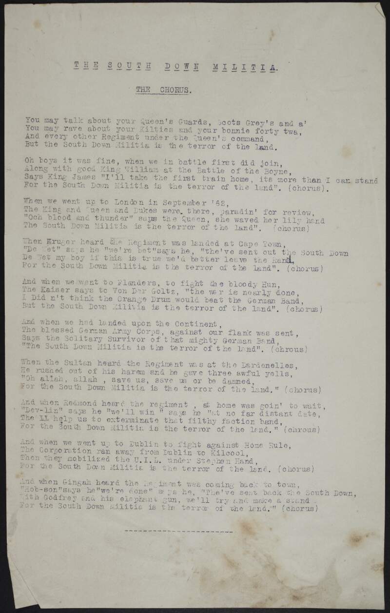 'The South Down Militia / The Chorus', marching song [of the Ulster Volunteer Force?],