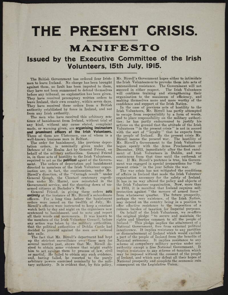 'The Present Crisis: Manifesto issued by the Executive Committee of the Irish Volunteers',