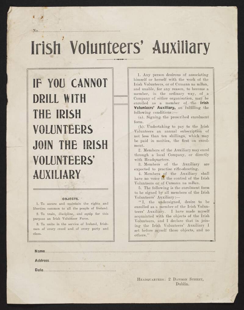 Enrolment form for the Irish Volunteers' Auxiliary,