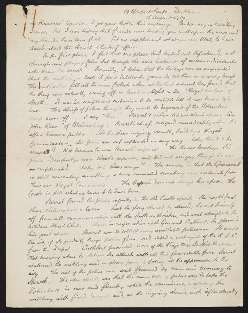 Draft of a letter from Eoin MacNeill to Roger Casement regarding the Irish Volunteers, the Ulster Volunteer Force, the aftermath of the Howth gun running, the massacre on Bachelor's Walk and the outbreak of the First World War,
