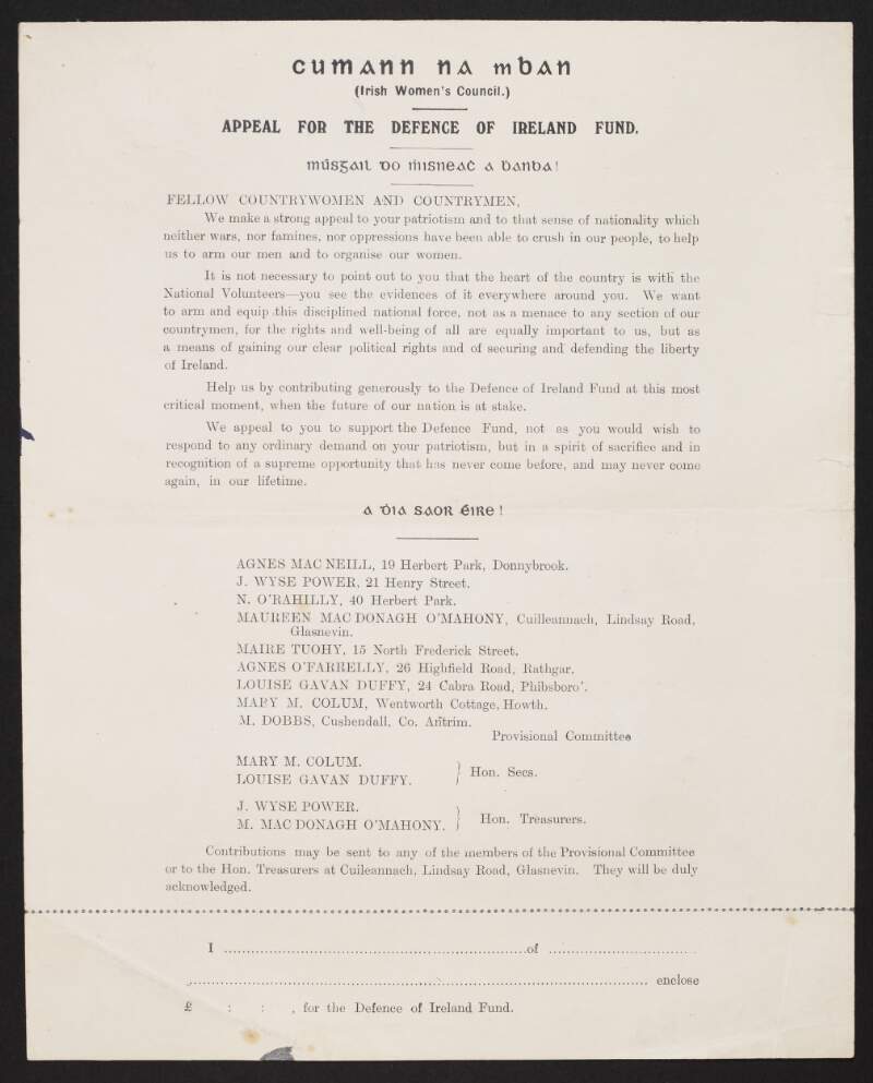 'Appeal for the Defence of Ireland Fund', request by Cumann na mBan for funds for the Irish Volunteers,