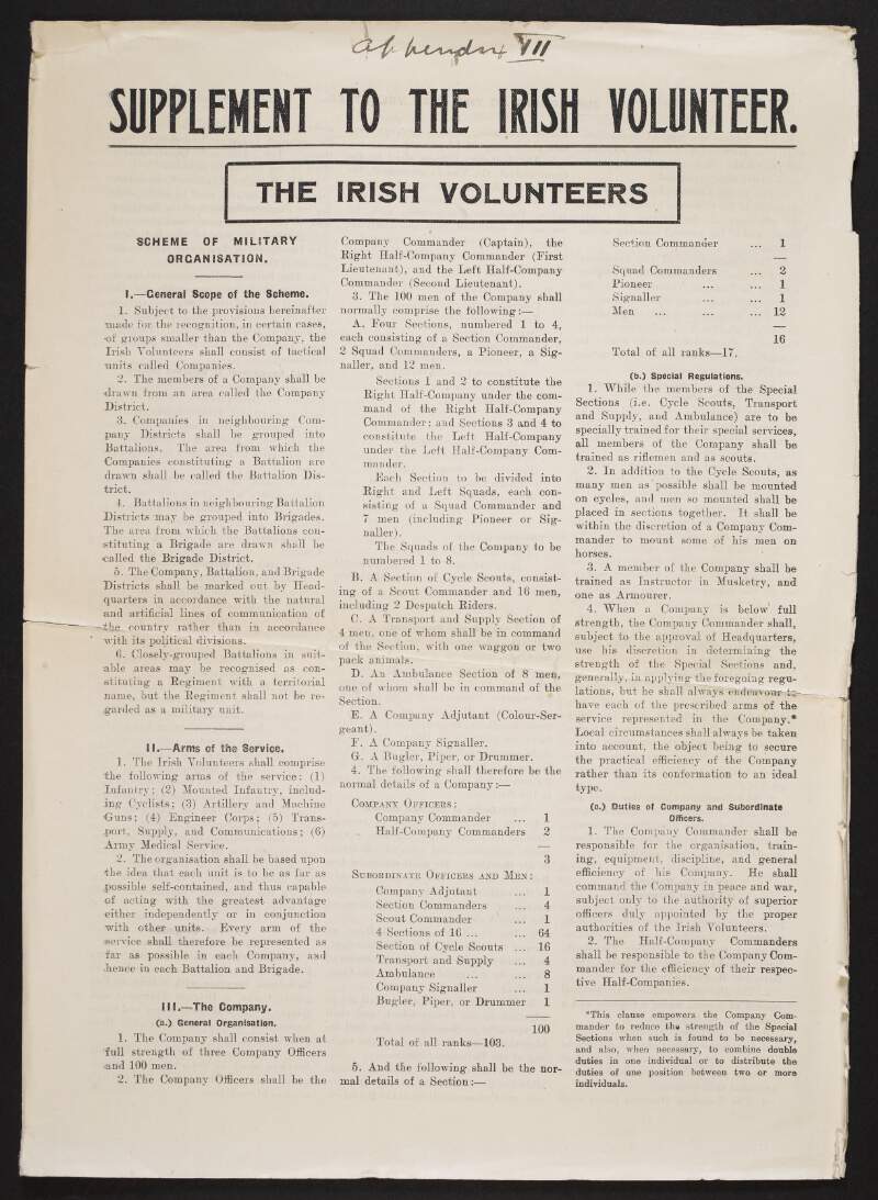 'Supplement to The Irish Volunteer', containing 'Scheme of Military Organisation' by Patrick Pearse and lyrics to the song 'Freedom's Hill' by Thomas MacDonagh,