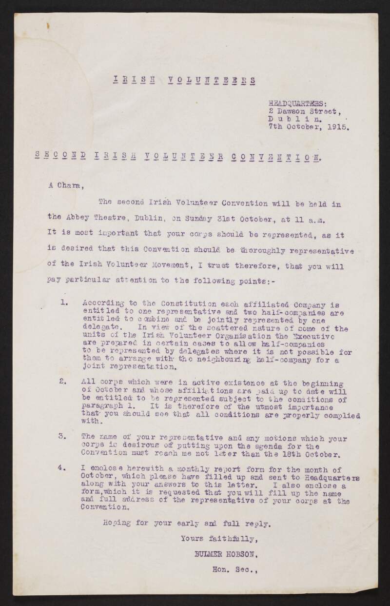 Announcement for the second Irish Volunteer convention on Sunday 31st October 1915, undersigned by Bulmer Hobson,
