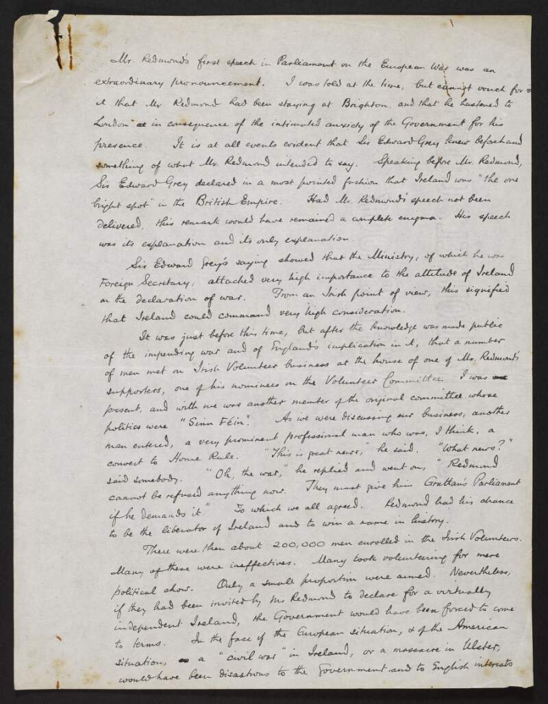 Draft of an article by Eoin MacNeill analysing the role of John Redmond in the Irish Volunteers and the political situation in Ireland after the outbreak of the Great War,