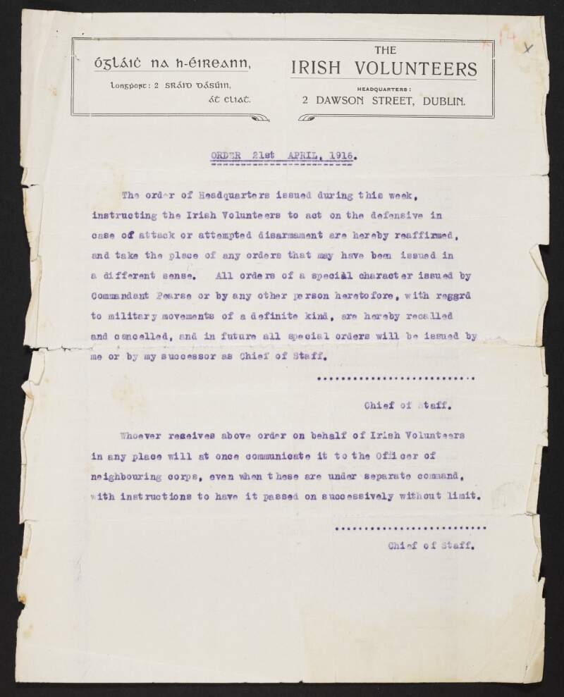Order by Eoin Mac Neill cancelling all those issued by Patrick Pearse or any other person other than himself during Easter Week 1916,