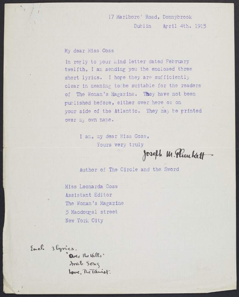 Letter to Leonarda Goss, assistant editor of 'The Woman's Magazine', New York, from Joseph Mary Plunkett enclosing poems by Plunkett intended for publication in the magazine,