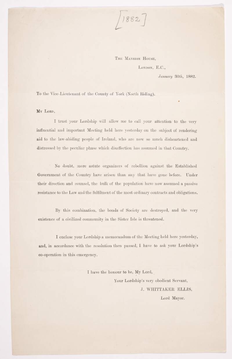 Letter to the Vice-Lieutenant of the County of York (North Riding) from J. Whittaker Ellis, Lord Mayor of London.