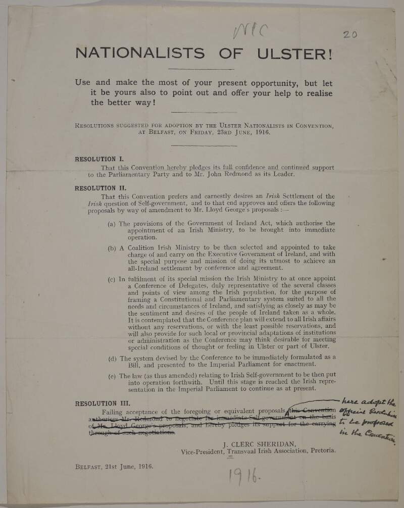 Nationalists of Ulster! Resolutions suggested for adoption by the Ulster Nationalists in convention at Belfast, on Friday, 23rd June, 1916 /