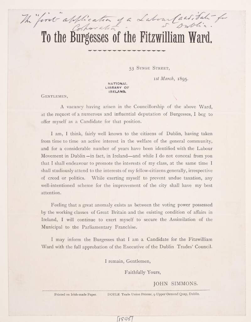 Letter of application for the councillorship of the Fitzwilliam Ward /
