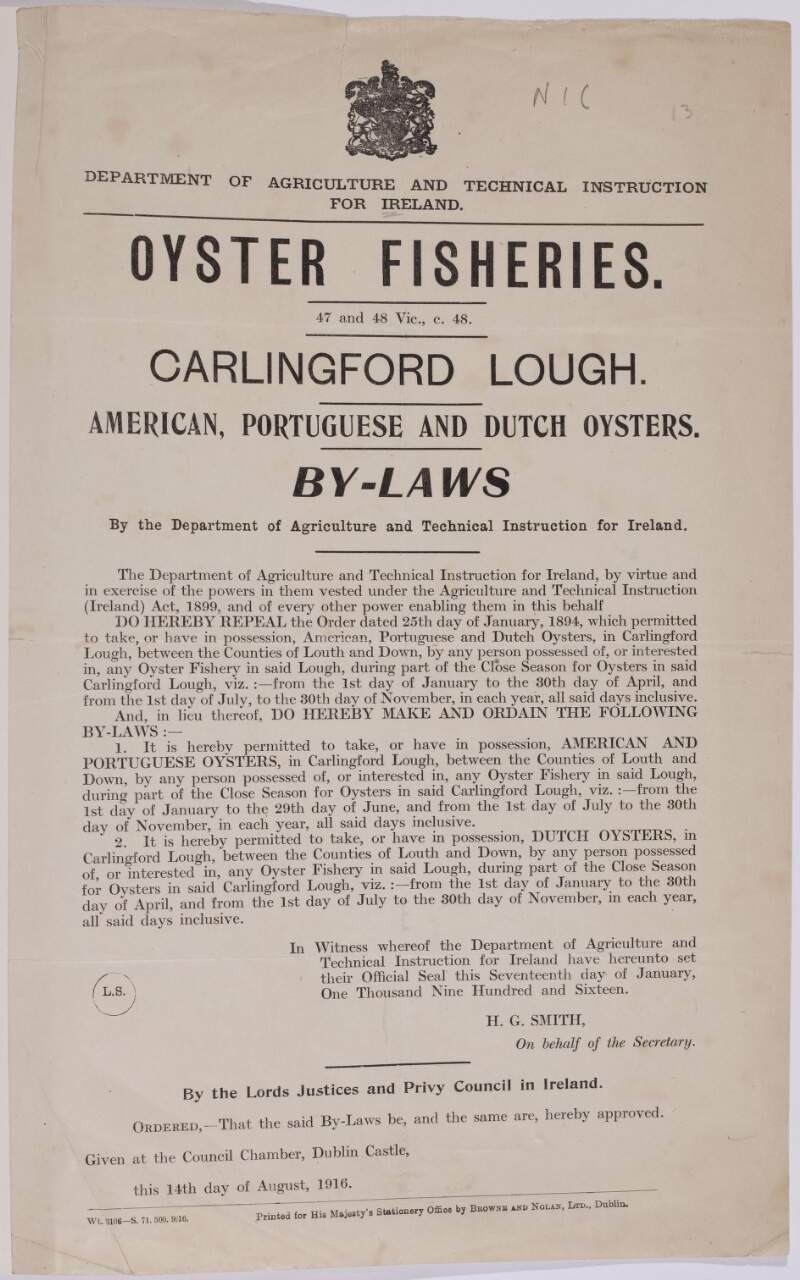 Oyster fisheries : Carlingford Lough ... American, Portugese and Dutch oysters : by-laws /