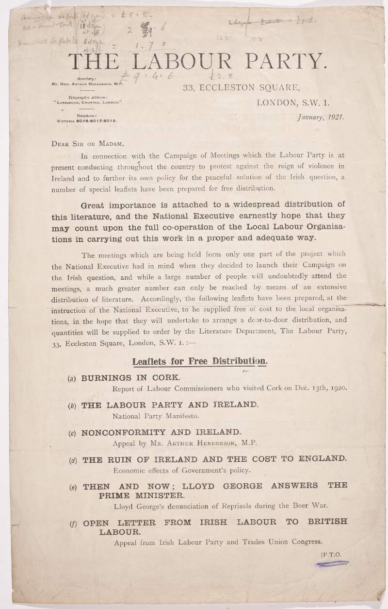 [Letter] 1921 January, London, [to] The Labour Party, England /