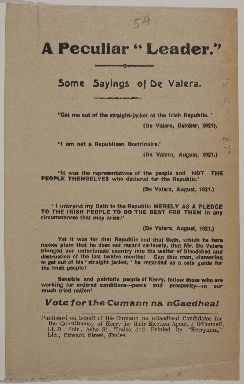 A peculiar leader : some sayings of De Valera : vote for the Cumann na nGaedheal /