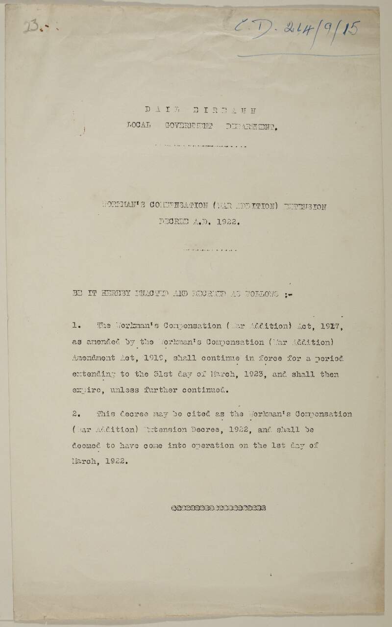 Workman's compensation (war addition) extension decree a.d. 1922 /