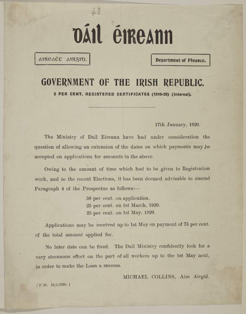 Government of the Irish Republic : 5 per cent registered certificates (1919-190)(Internal). /