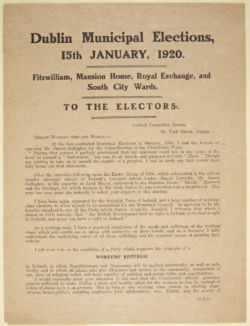Dublin Municipal elections,15th January 1920  : to the electors /