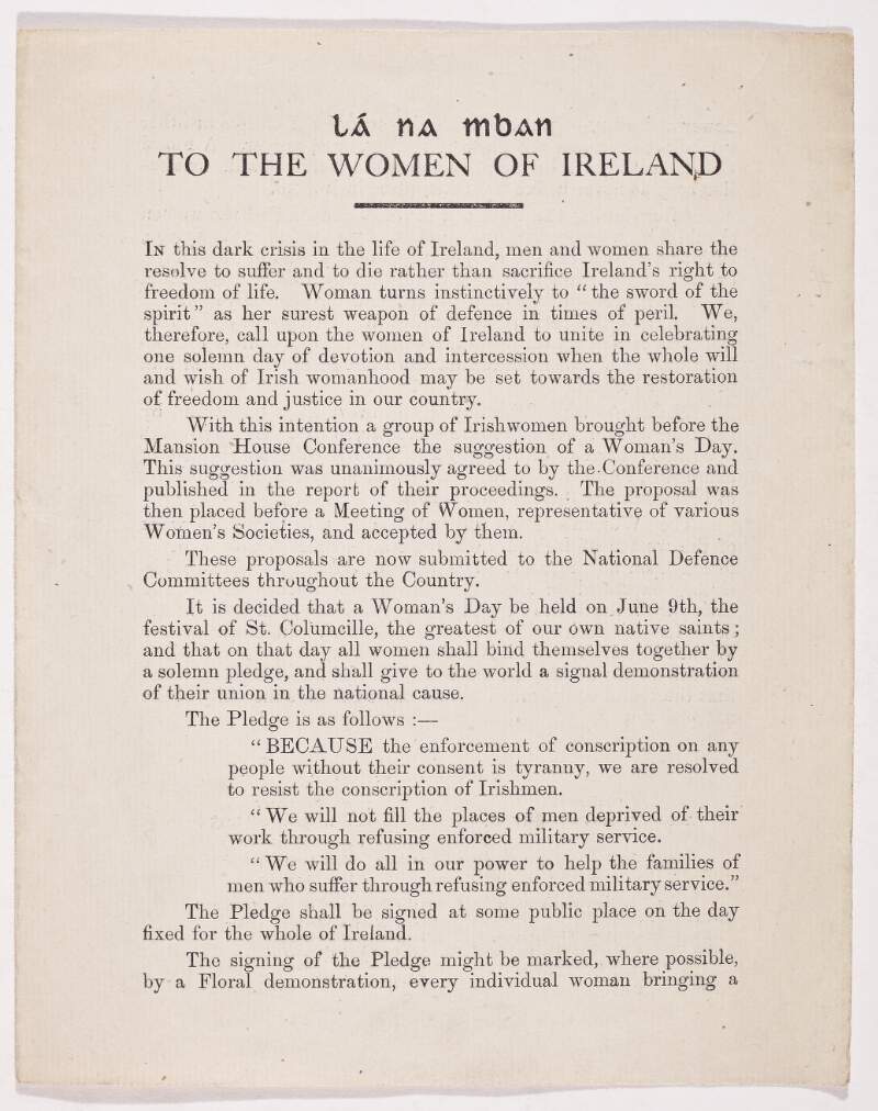 Lá na mban : to the women of Ireland /